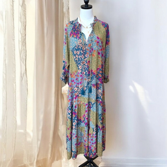 Easel Floral Patchwork Print Rayon Gauze Long Sleeve Dress New - Picture 4 of 6